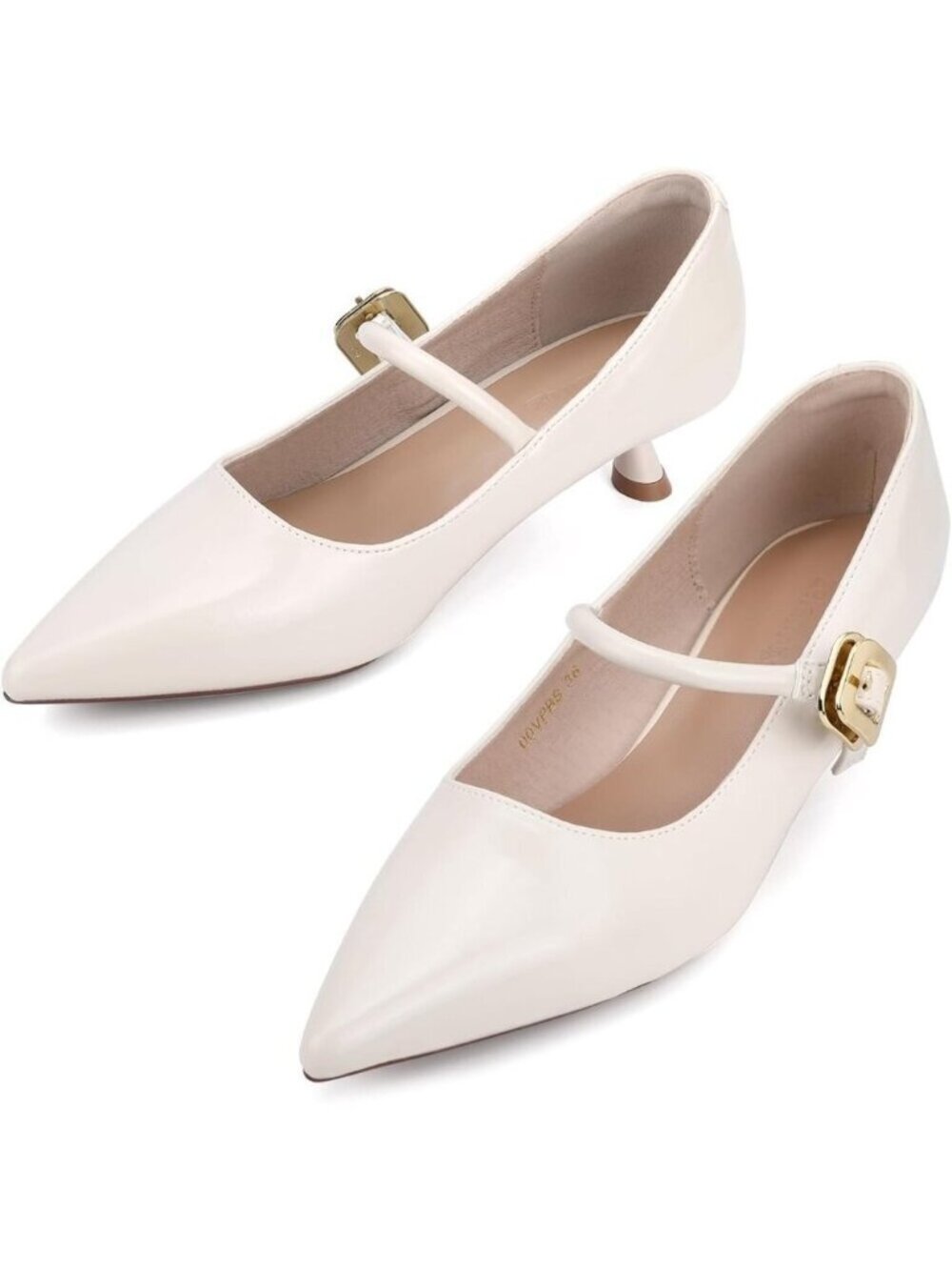 Women's Beige Vintage Pointed Slip On Pumps Mary Jane Low Kitten Heel Shoes